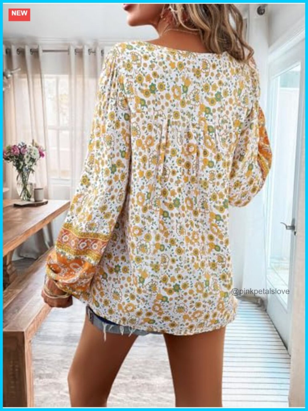 Boho Floral V Neck Long Sleeve Tunic Blouse Loose Fit Rayon - Picture 4 of 6